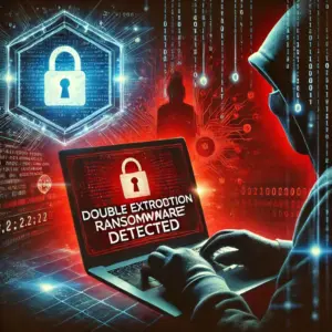 Dark-themed cybersecurity image depicting a locked laptop screen with a red warning message stating 'Double Extortion Ransomware Detected'. A hacker silhouette lurks in the background behind digital code, while a shield with a keyhole symbolizes cybersecurity defense. The intense red and blue hues emphasize the urgency of the ransomware threat.