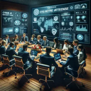 Cybersecurity team conducting a **cybersecurity tabletop exercise**, analyzing a simulated attack on digital screens, discussing strategies, and improving incident response.