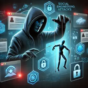 Hooded hacker manipulating a marionette-like human, symbolizing **social engineering attacks**, with cyber-themed icons, phishing emails, and a glowing security lock.