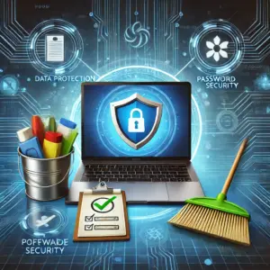 A laptop with a shield icon, cleaning tools, and a cyber grid, symbolizing cybersecurity best practices for spring cleaning to protect data and prevent threats.