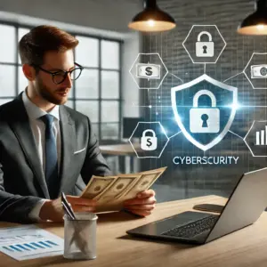 A small business owner reviews cybersecurity grants for small businesses on a laptop in a secure office, with a shield icon and financial documents visible.