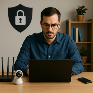 Man securing his home office with cybersecurity tools like a VPN, router, and security camera, emphasizing strong home office security practices.