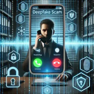 Person answering phone call looking concerned, illustrating the need for AI voice scam protection against deepfake impersonation and fraudulent emergencies.