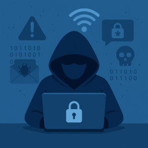Hacker using a laptop on public Wi-Fi surrounded by security threat icons, highlighting public Wi-Fi security risks like malware and data theft.