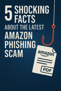 A graphic depicting a phishing hook snagging an Amazon document, with the title "Shocking Facts About the Latest Amazon Phishing Scam," to alert users to the threat.