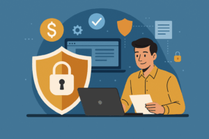 Illustration of a small business owner using a laptop with cybersecurity icons, representing affordable cybersecurity for small business in action.